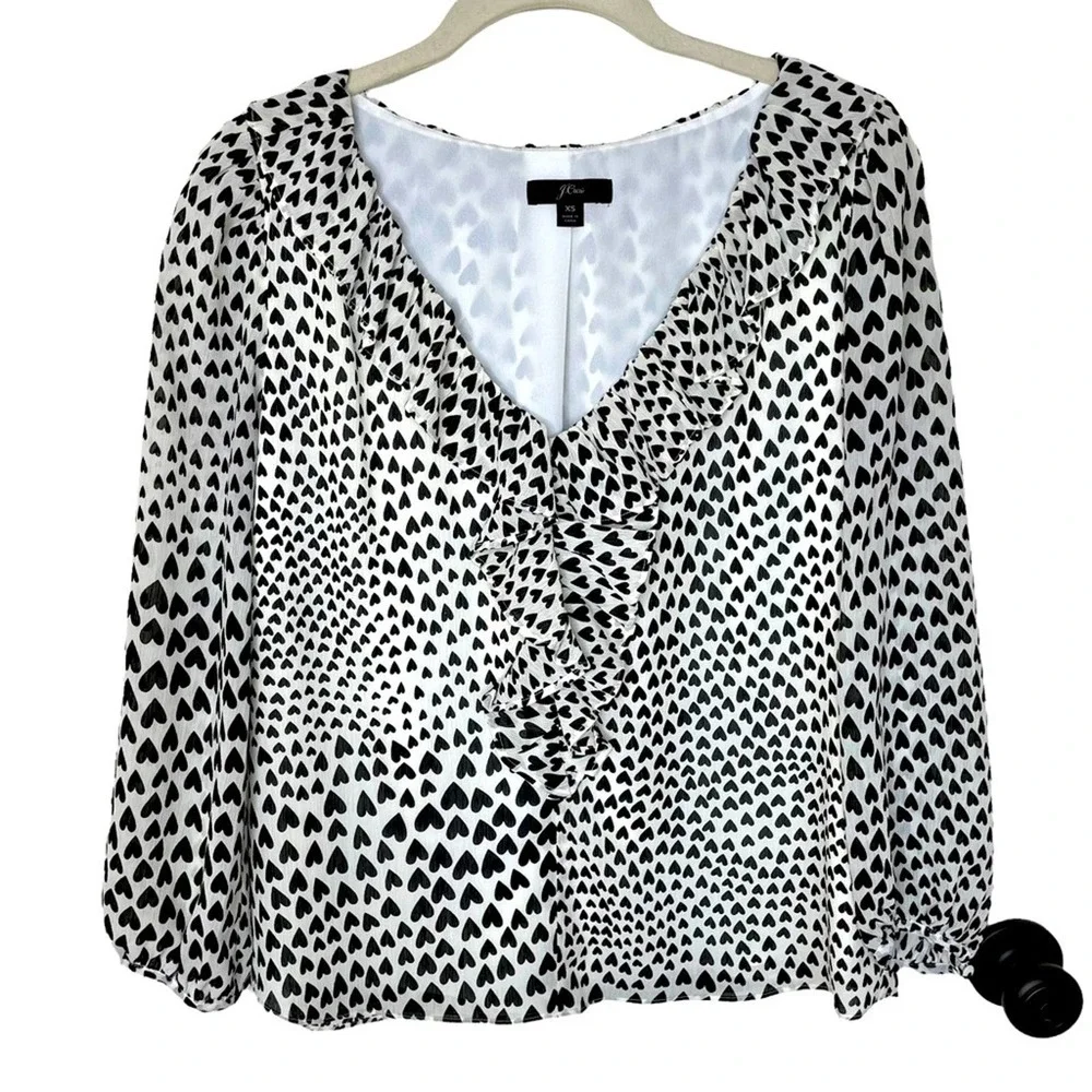 J. Crew‎ All Over Hearts Cream Black Ruffle Trim Blouse XS